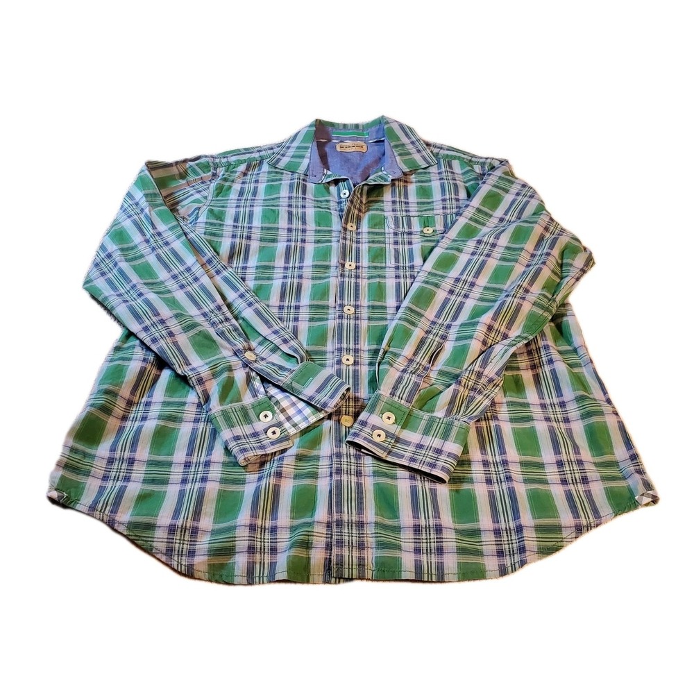 Tommy Bahama men's Sz M long sleeve Button Down Plaid shirt Green & Blue Cotton